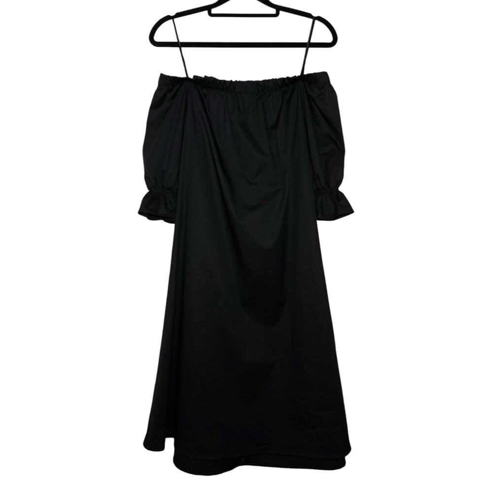Monica Nera Black Cotton Minimalist Casual Relaxed Off Shoulder Dress - 8